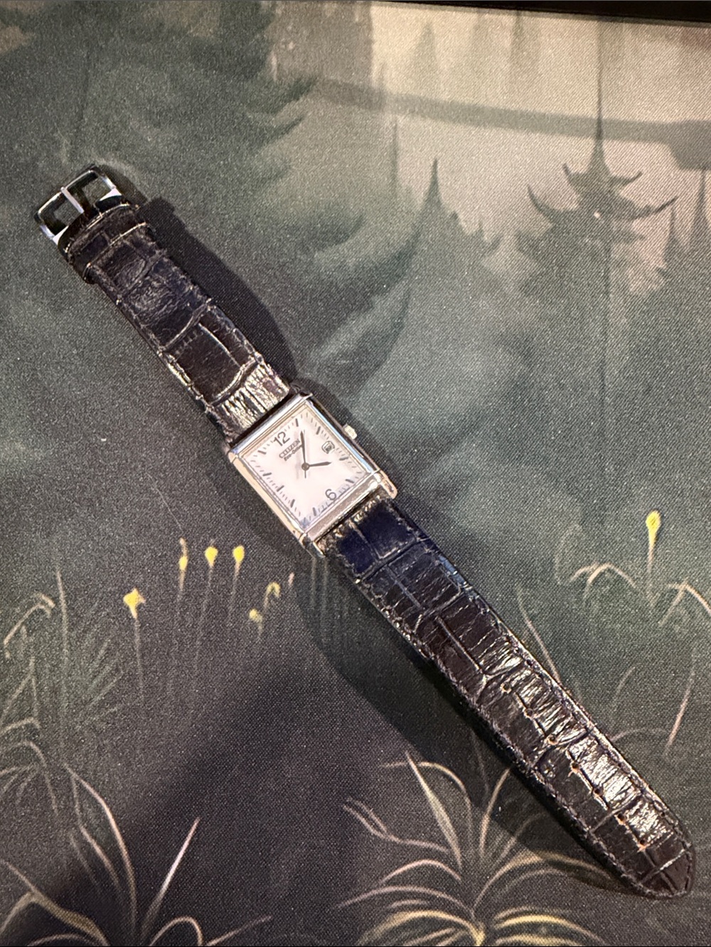 Citizen Black Croc-Pattern Leather Strap Silver Square Dial Watch